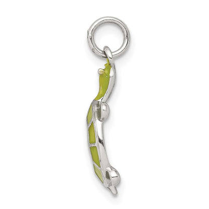 Sterling Silver Rhodium-Plated Green Enameled Turtle Pendant