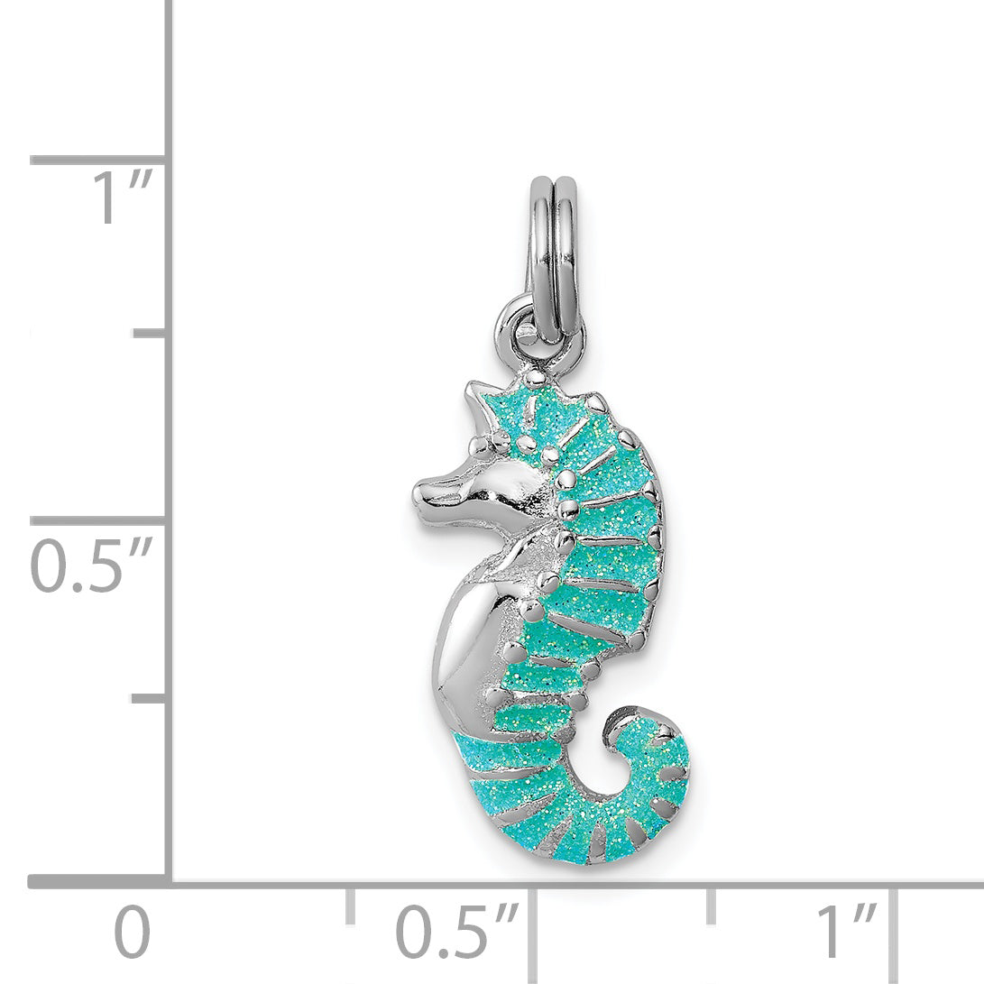 Sterling Silver Rhodium-Plated Green Glitter Enamel Seahorse Charm