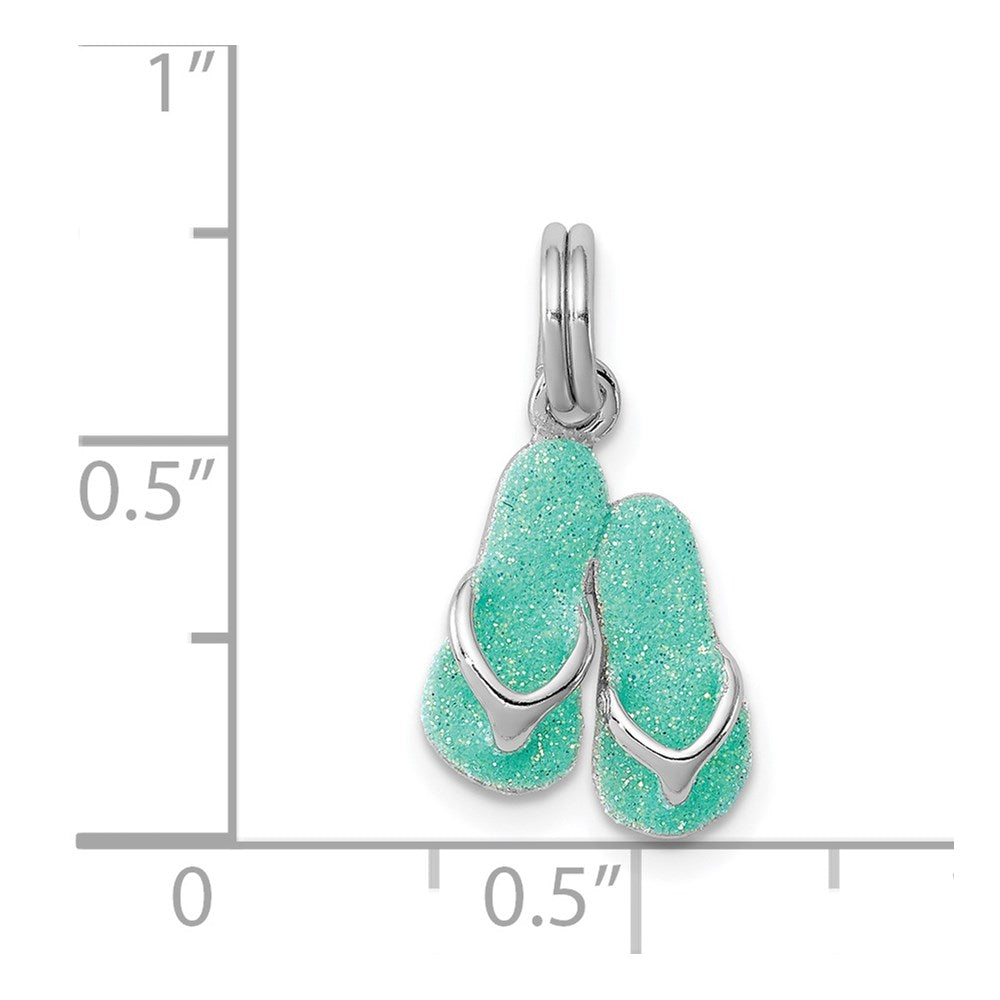 Sterling Silver Rhodium-Platedgreen Enamel Flip Flops Charm