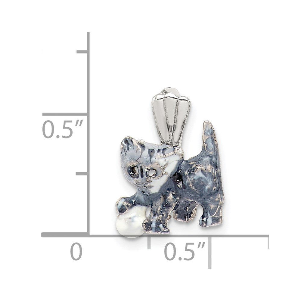 Sterling Silver Enamel Grey & White Cat Pendant Playing With Ball