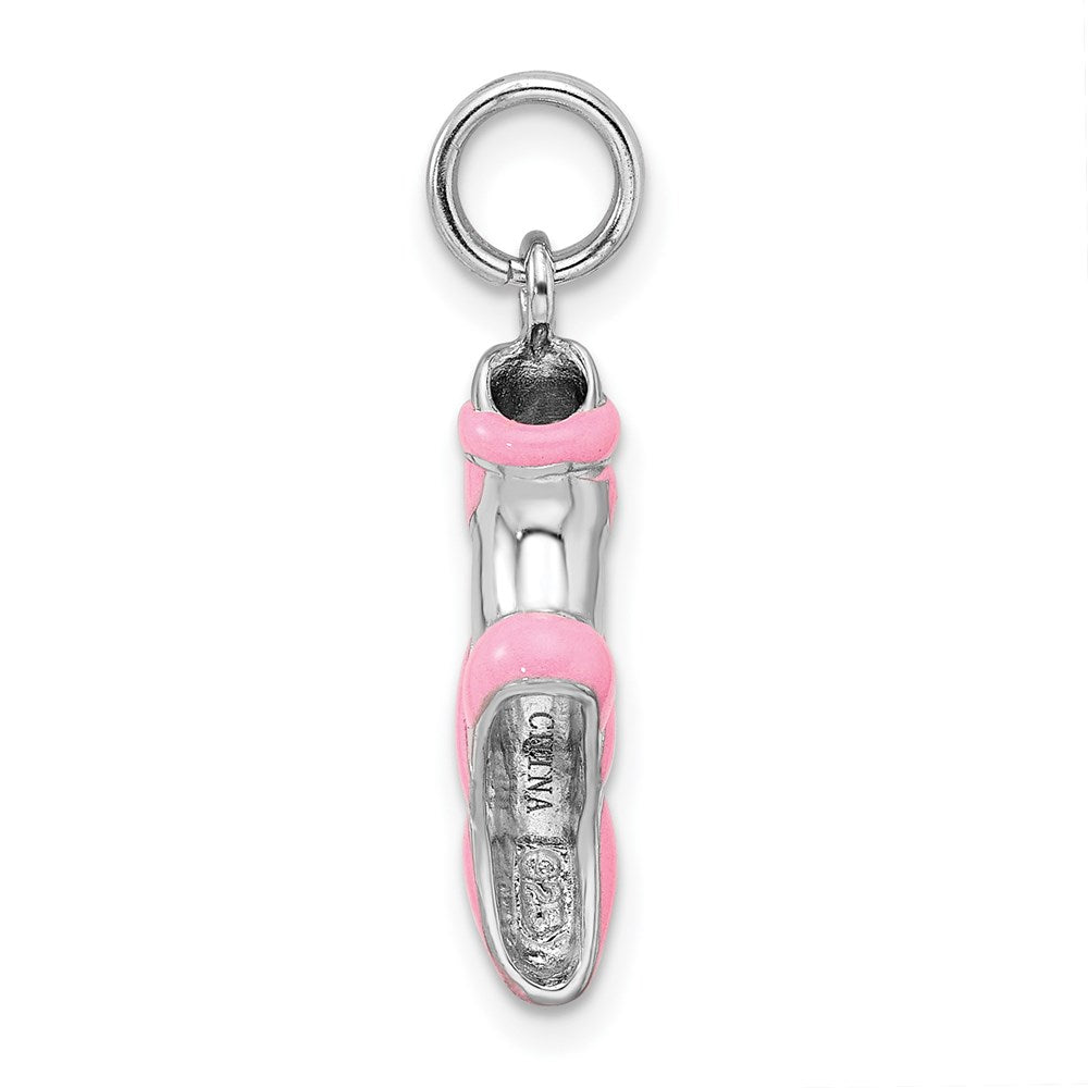 Sterling Silver Rhodium-Platedpink Enamel Ballet Slipper Charm