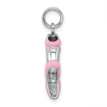 Sterling Silver Rhodium-Platedpink Enamel Ballet Slipper Charm