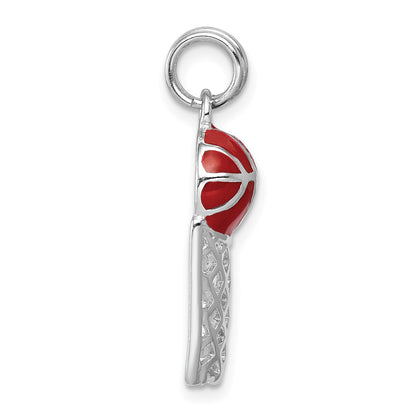 Sterling Silver Rhodium-Platedenamel Basketball & Hoop Charm