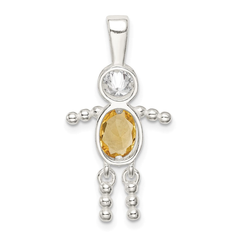 Sterling Silver Rhodium-Plated Cz & November Glass Boy Pendant