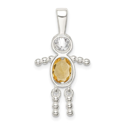 Sterling Silver Rhodium-Plated Cz & November Glass Boy Pendant