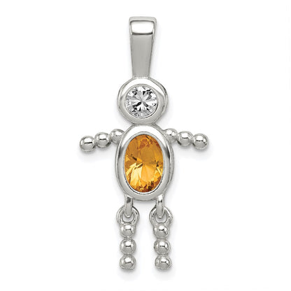 Sterling Silver Rhodium-Plated Cz & November Glass Boy Pendant