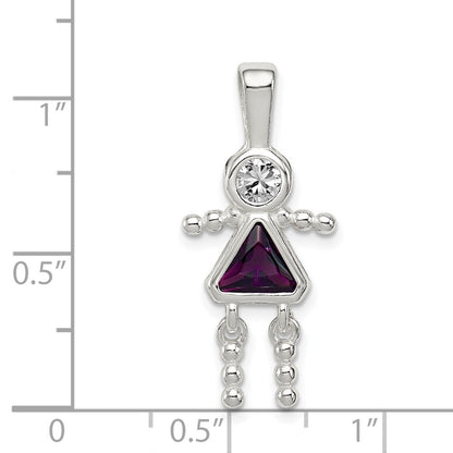 Sterling Silver Rhodium-Plated Cz & February Glass Girl Pendant
