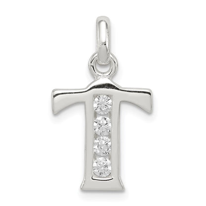 Sterling Silver White Cz Letter T Initial Pendant
