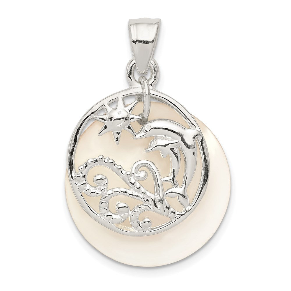 Sterling Silver Polished Dolphin & Waves Mother Of Pearl Pendant