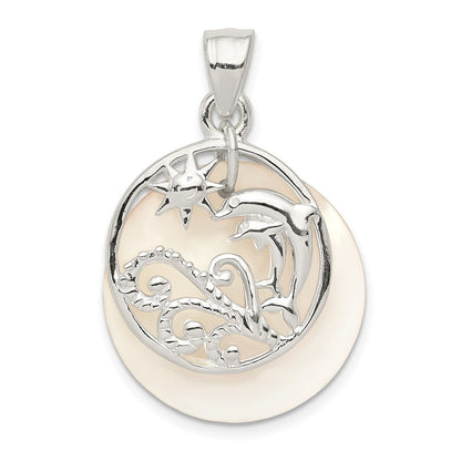Sterling Silver Polished Dolphin & Waves Mother Of Pearl Pendant