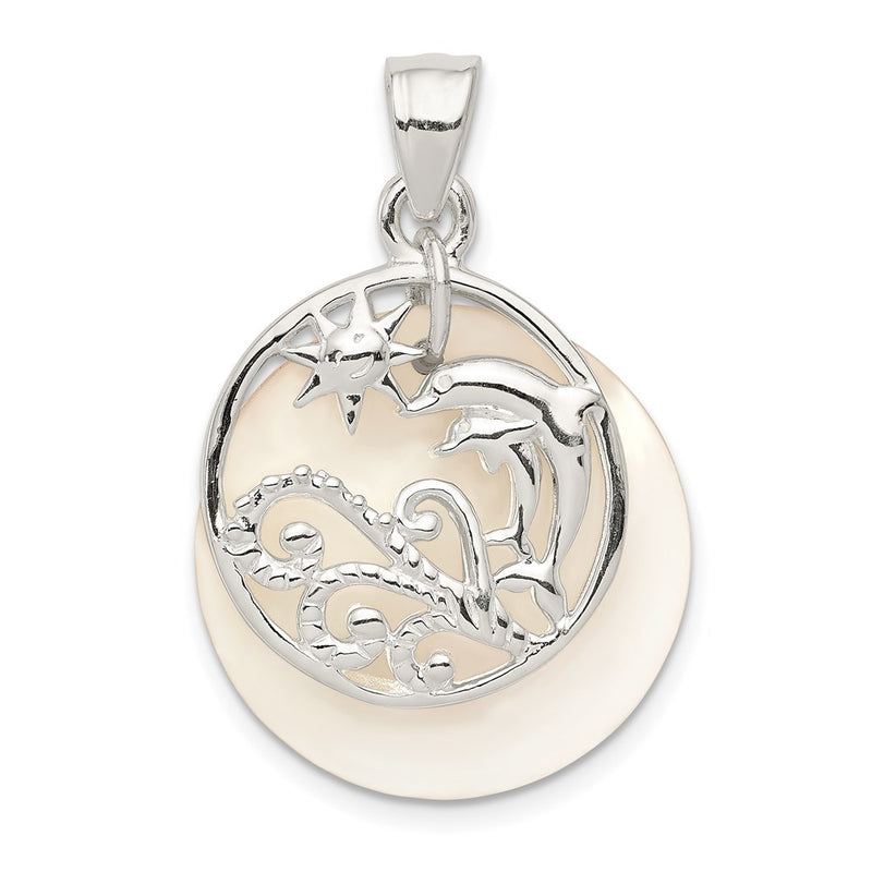 Sterling Silver Polished Dolphin & Waves Mother Of Pearl Pendant