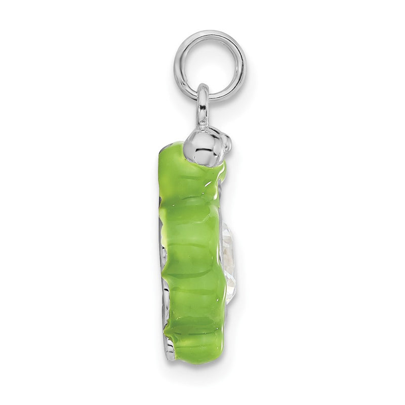 Sterling Silver Polished Cz Green Enameled Frog Charm