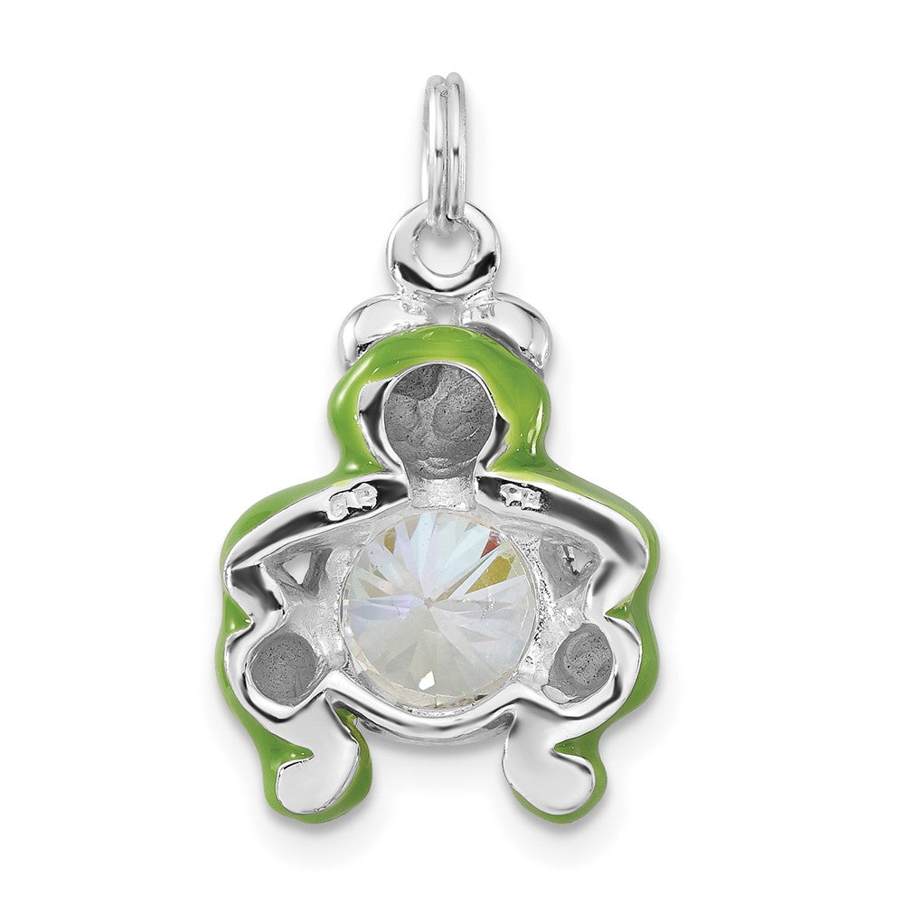 Sterling Silver Polished Cz Green Enameled Frog Charm