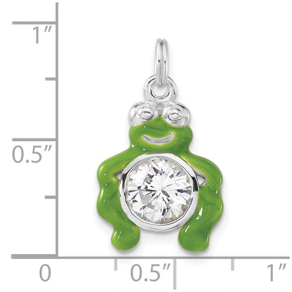 Sterling Silver Polished Cz Green Enameled Frog Charm