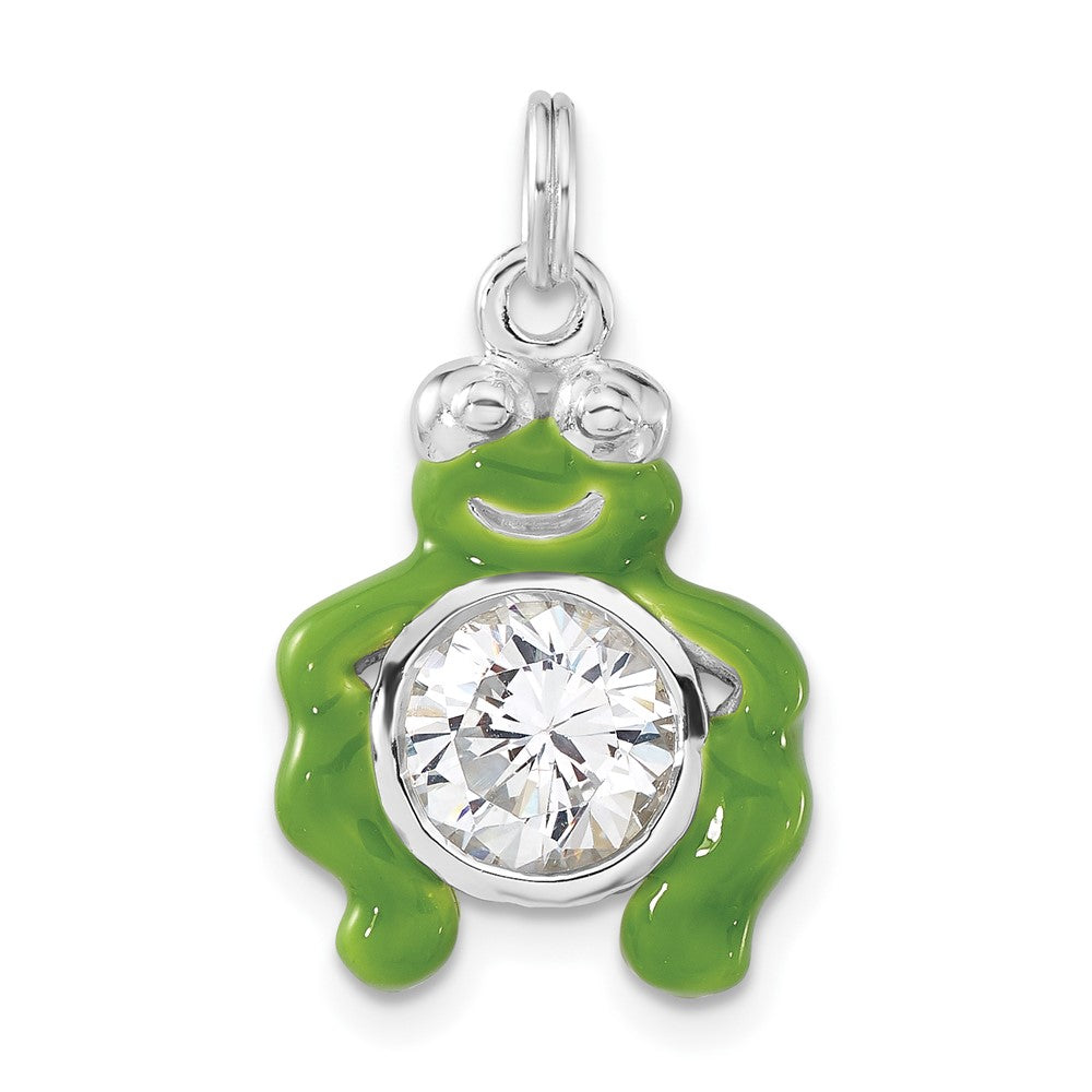 Sterling Silver Polished Cz Green Enameled Frog Charm