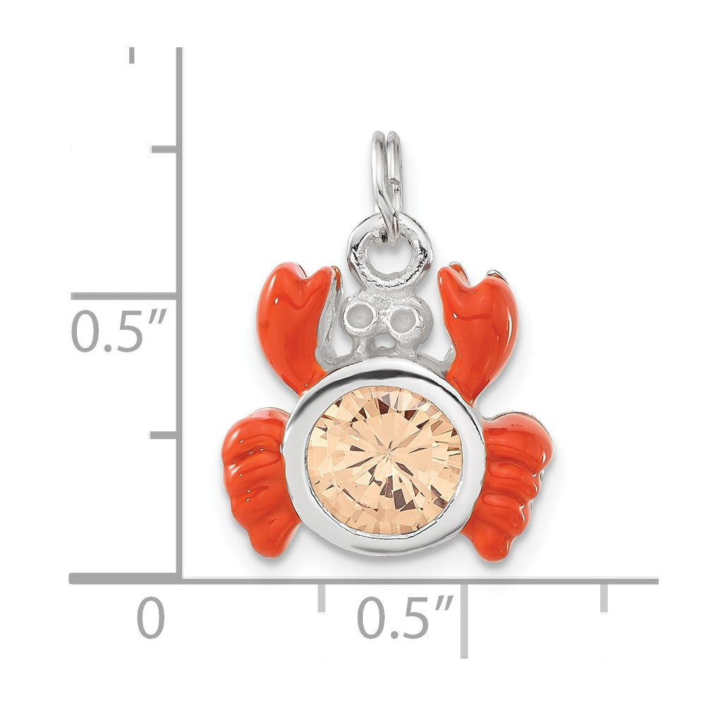Sterling Silver Polished Orange Cz & Enameled Crab Charm