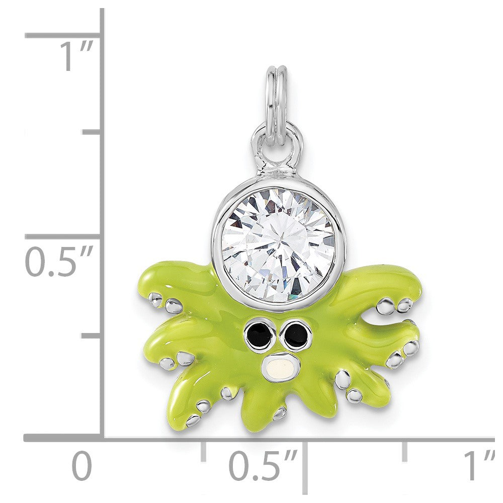 Sterling Silver Polished Cz Green Enameled Octopus Charm