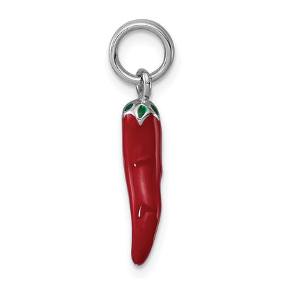 Sterling Silver Rhodium Plated Red Enamel With Green Accent Pepper Charm