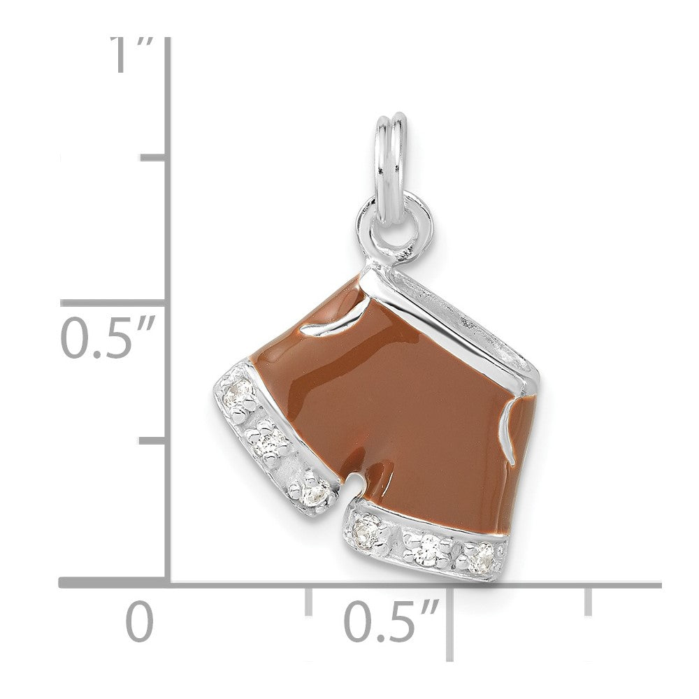 Sterling Silver 3-D Polished Cz & Brown Enameled Shorts Charm