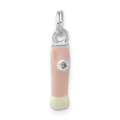 Sterling Silver Cz Pink & White Enameled Make-Up Brush Charm