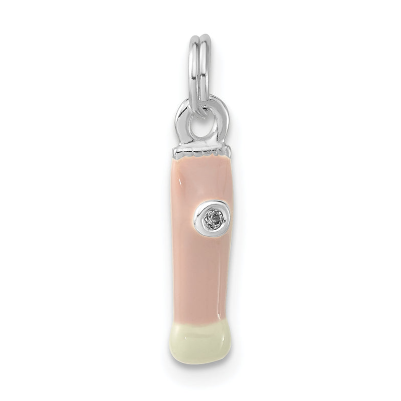 Sterling Silver Cz Pink & White Enameled Make-Up Brush Charm
