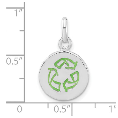 Sterling Silver Polished & Green Enameled Round Recycle Charm