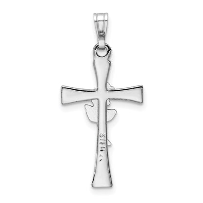 Sterling Silver Rhodium-Plated Cross With Epoxy Rose Center Pendant
