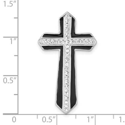 Sterling Silver Rhodium-Plated Stellux Crystal & Black Enamel Cross Slide