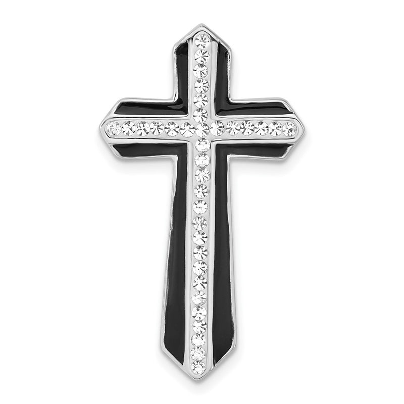 Sterling Silver Rhodium-Plated Stellux Crystal & Black Enamel Cross Slide