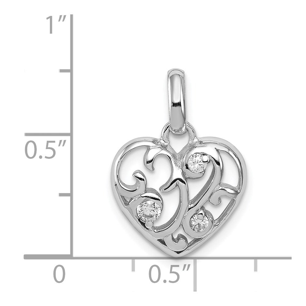 Sterling Silver Rhodium Plated Cz Heart Pendant