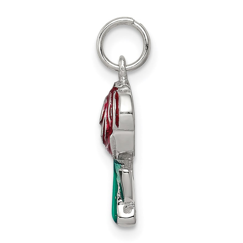 Sterling Silver Rhodium-Plated Green And Red Enamel Rose Charm