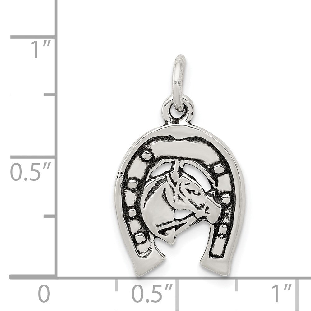 Sterling Silver Antiqued Horseshoe With Horse Head Charm