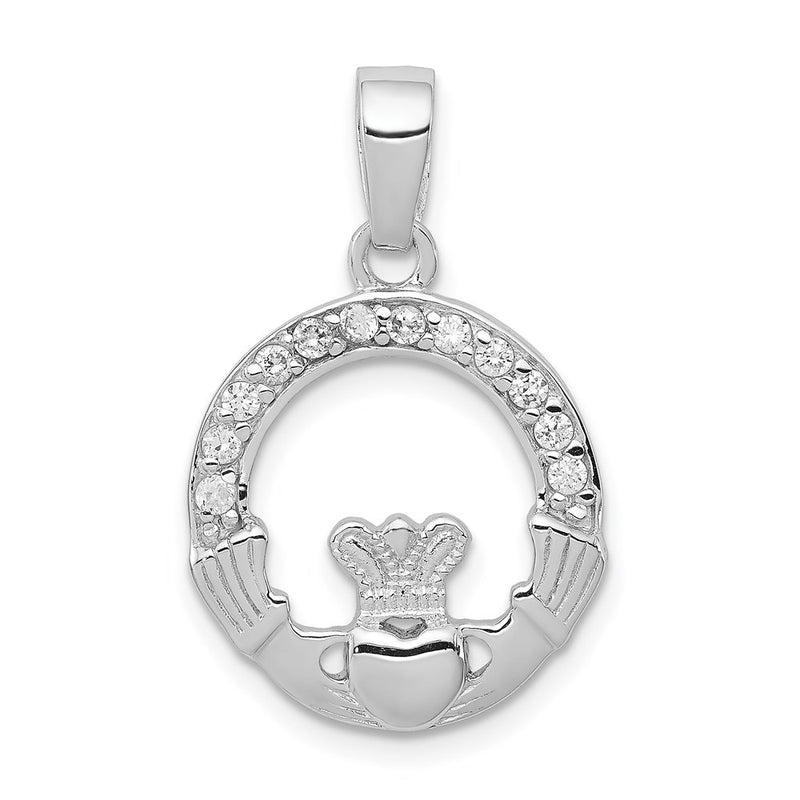 Sterling Silver Rhodium Plated Cz Claddagh Pendant