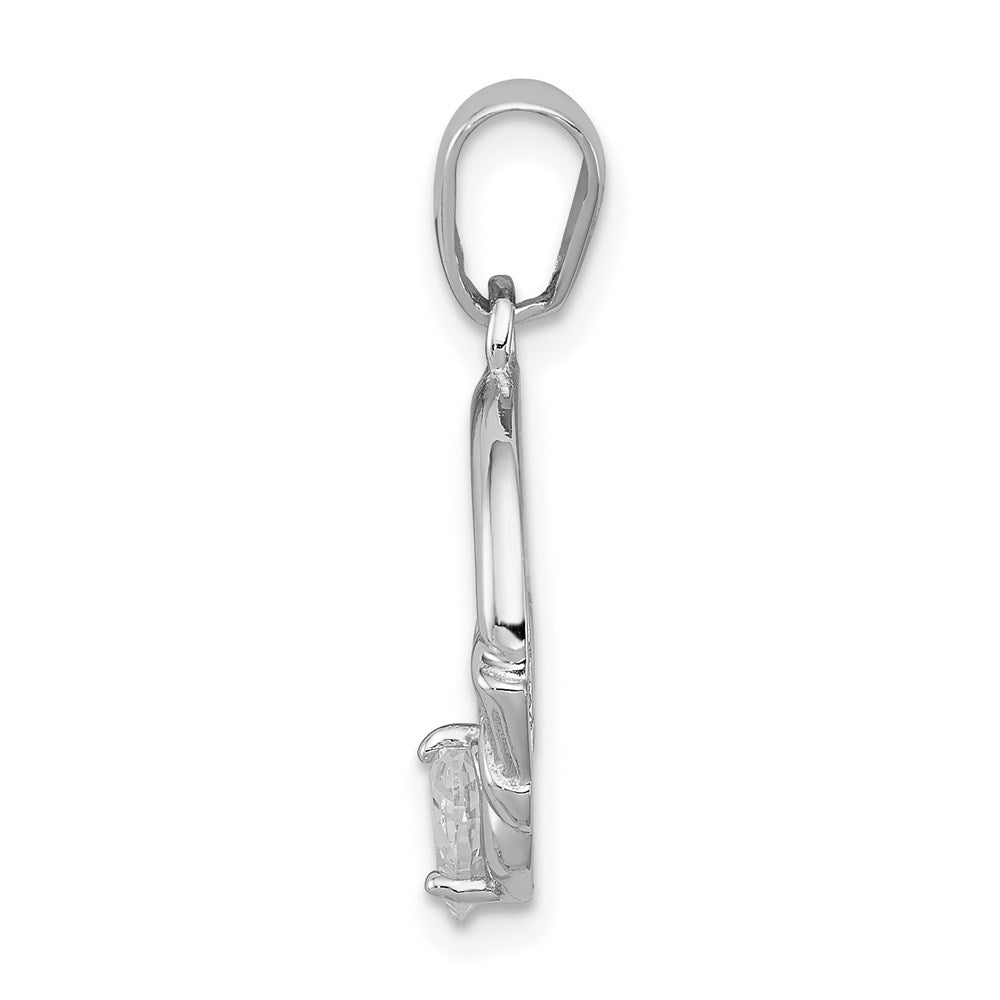 Sterling Silver Rhodium Plated Cz Claddagh Pendant