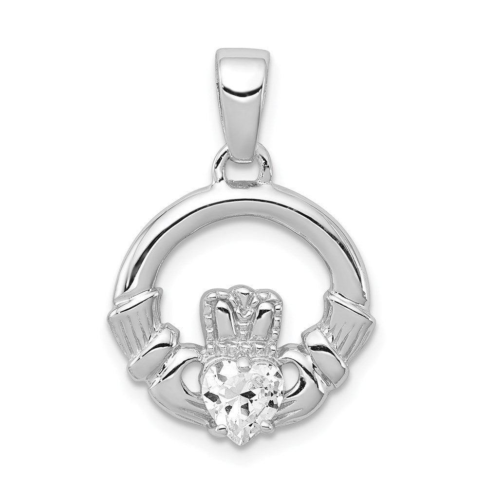 Sterling Silver Rhodium Plated Cz Claddagh Pendant