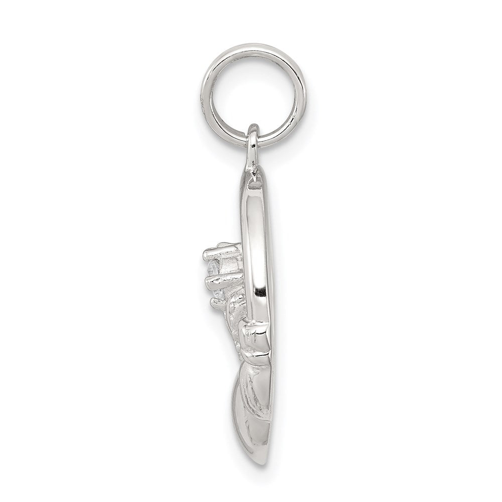 Sterling Silver Rhodium-Plated Cz Irish Claddagh Pendant