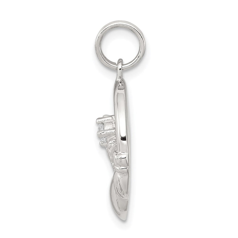 Sterling Silver Rhodium-Plated Cz Irish Claddagh Pendant