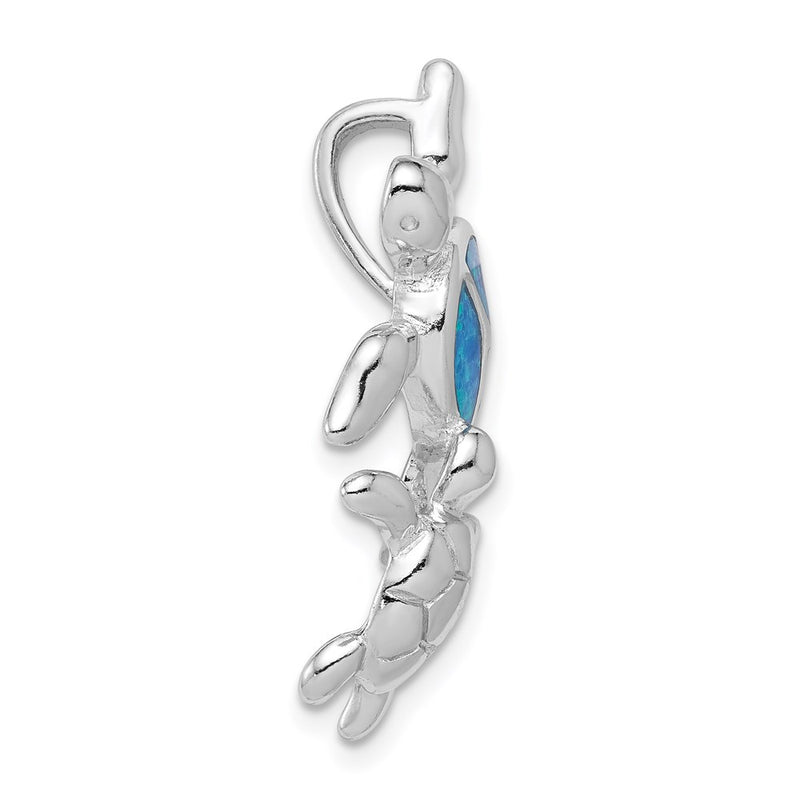 Sterling Silver Rhodium-Plated Polished Blue Inlay Created Opal Turtle Slide