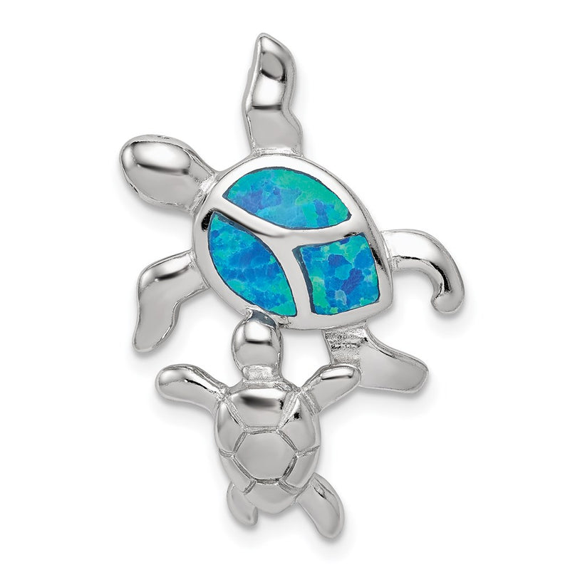 Sterling Silver Rhodium-Plated Polished Blue Inlay Created Opal Turtle Slide