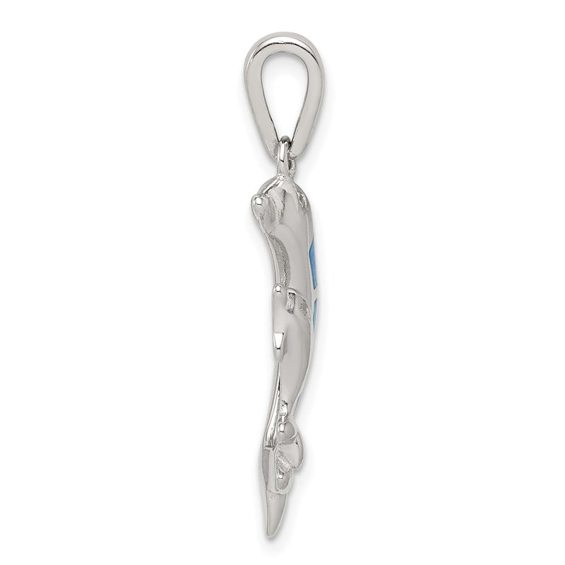Sterling Silver Rhodium-Plated Blue Inlay Created Opal Dolphin Pendant