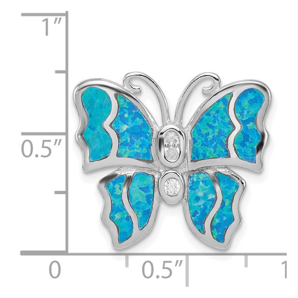 Sterling Silver Rhod Plated Blue Inlay Creat Opal Butterfly Pendant
