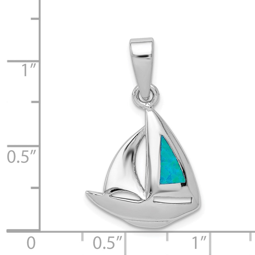 Sterling Silver Rhodium-Plated Blue Inlay Created Opal Sailboat Pendant