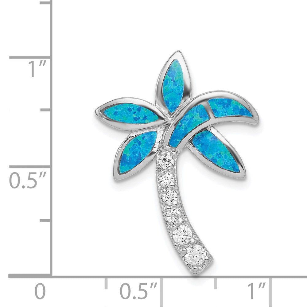 Sterling Silver Rhod-Pltd Cz Blue Inlay Created Opal Palm Tree Slide