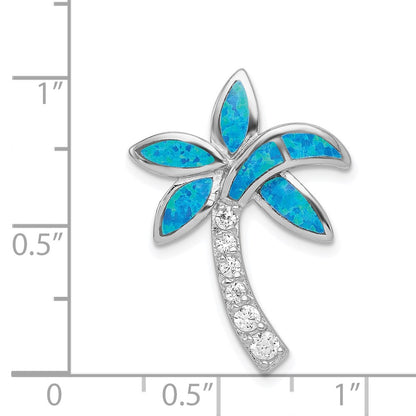 Sterling Silver Rhod-Pltd Cz Blue Inlay Created Opal Palm Tree Slide
