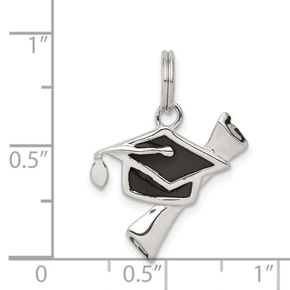 Sterling Silver Rhod-Pltd Black Enamel Graduation Cap/Diploma Charm