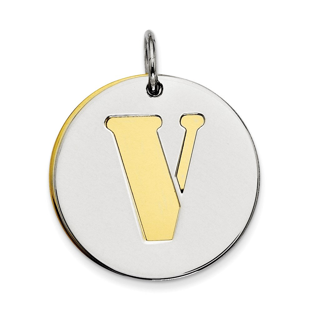 Sterling Silver Gp Initial V Double Plate Round Charm