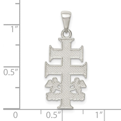 Sterling Silver Polished Caravaca Double Cross W/Angels Crucifix Pendant