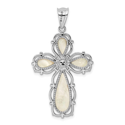 Sterling Silver Rhodium-Plated Mother Of Pearl Cross Pendant