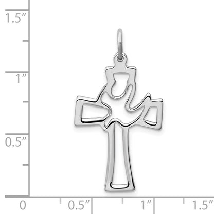 Sterling Silver Rhodium-Plated Polished Cut-Out Dove Cross Pendant