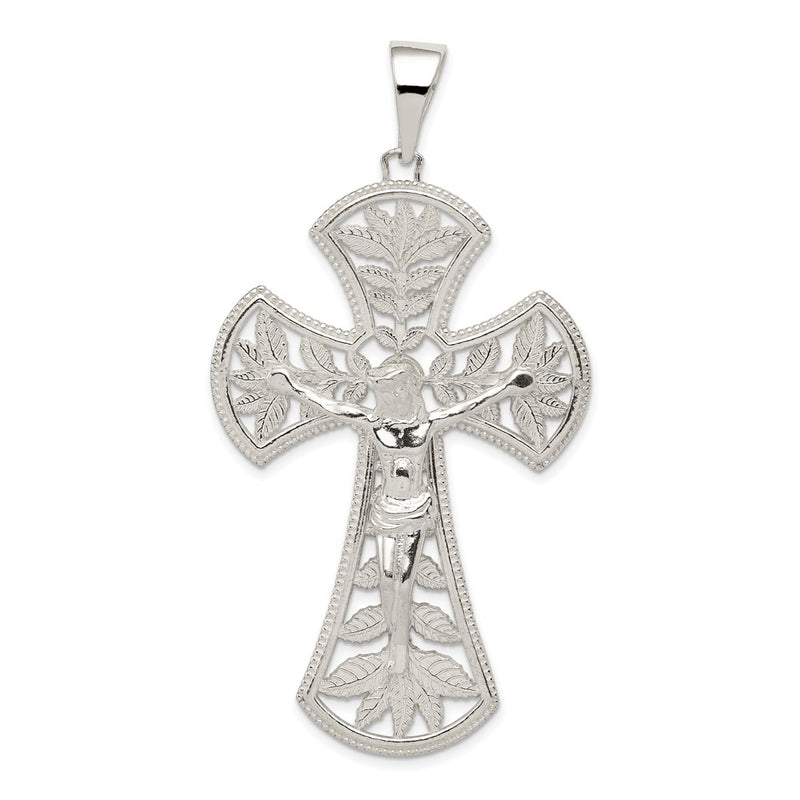 Sterling Silver Polished Leaf Large Inri Crucifix Pendant